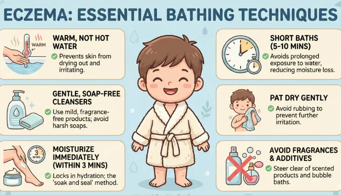Cute illustration of a child in a bathrobe showing essential eczema bathing tips, including using warm water, gentle soap-free cleansers, moisturizing within 3 minutes, keeping baths short, patting the skin dry, and avoiding fragrances or additives.
