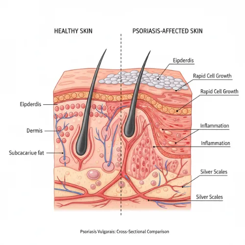 A labeled, split diagram showing a cross-section of skin tissue. The left side, labeled Healthy Skin, shows normal skin layers (Epidermis, Dermis, Subcutaneous fat). The right side, labeled Psoriasis-Affected Skin, illustrates the pathology, including Rapid Cell Growth, Inflammation in the dermis, and the presence of white Silver Scales on the surface, characterizing Psoriasis Vulgaris.