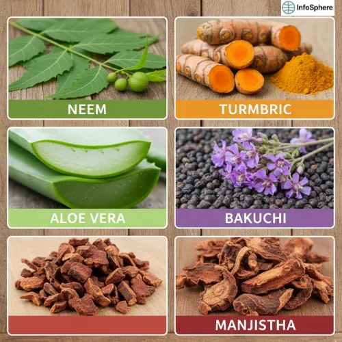 An infographic showing six Ayurvedic ingredients used for skin health: neem leaves, turmeric roots with powder, fresh aloe vera slices, bakuchi seeds with purple flowers, manjistha roots, and dried manjistha pieces.Select 69 more words to run Humanizer.