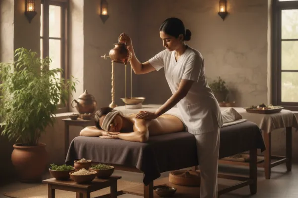 An image inside a dimly lit, tranquil spa room, showing a female therapist in white uniform performing an Ayurvedic treatment on a client lying face down on a massage table. The therapist is gently pouring warm herbal oil from a copper vessel onto the client's back, likely an Abhyanga or related Panchkarma therapy. Bowls of herbs are visible in the