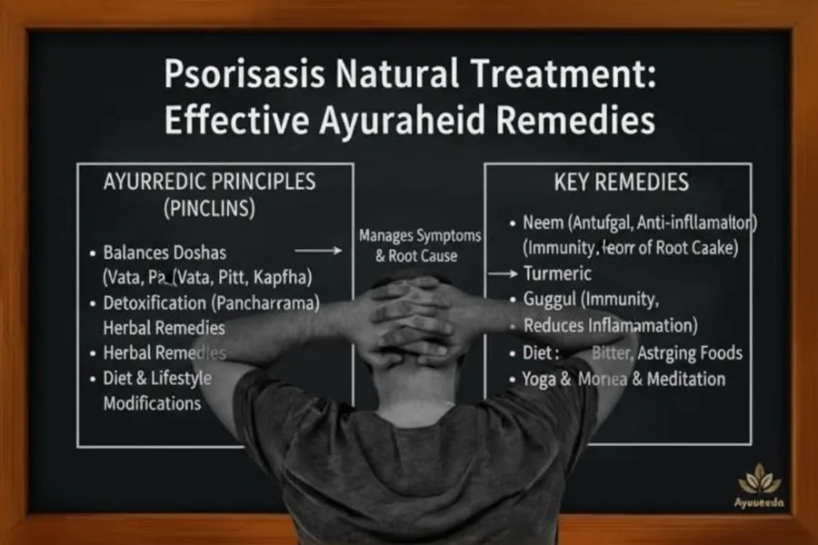 A man facing a whiteboard displaying "Psoriasis Natural Treatment: Effective Ayuraheid Remedies." The board lists Ayurvedic Principles (PINCLINS) and Key Remedies like Neem, Turmeric, Guggul, Diet, Yoga, and Meditation.