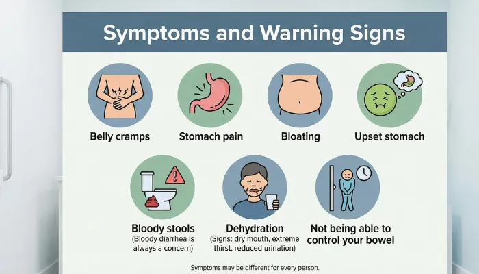 Infographic showing key diarrhea symptoms, including belly cramps, stomach pain, bloating, upset stomach, bloody stools, dehydration signs, and difficulty controlling bowel movements.