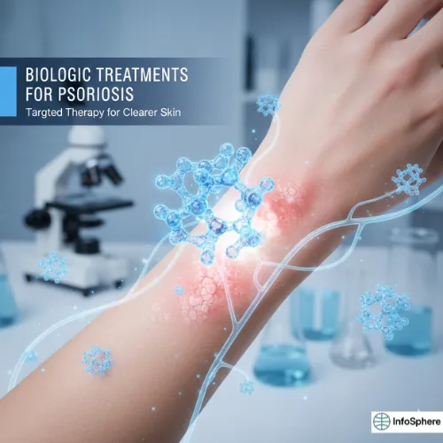 An illustrated graphic showing biologic molecules targeting inflamed psoriasis patches on a person’s wrist, with a laboratory setting in the background.