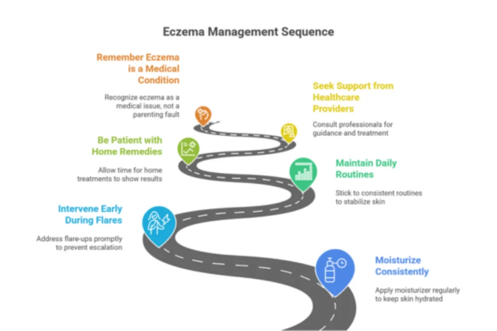 Graphic showing a winding road that explains the eczema management sequence, including recognizing eczema as a medical condition, using home remedies patiently, seeking healthcare support, maintaining daily routines, intervening early during flares, and moisturizing consistently.