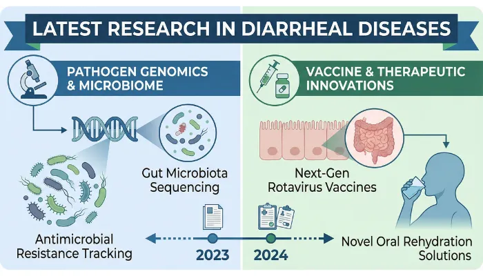 Infographic showing new research in diarrheal diseases, including pathogen genomics, gut microbiota sequencing, antimicrobial resistance tracking, next-generation rotavirus vaccines, and novel oral rehydration solutions.