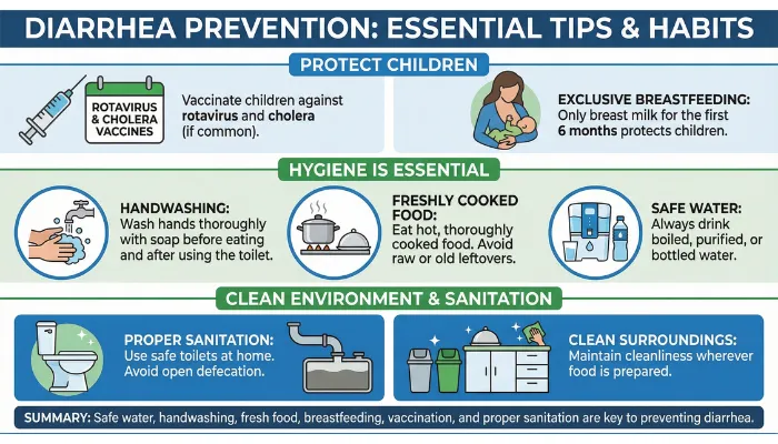 Infographic explaining key steps to prevent diarrhea, including vaccination, exclusive breastfeeding, handwashing with soap, eating freshly cooked food, drinking safe water, using proper sanitation, and keeping surroundings clean.