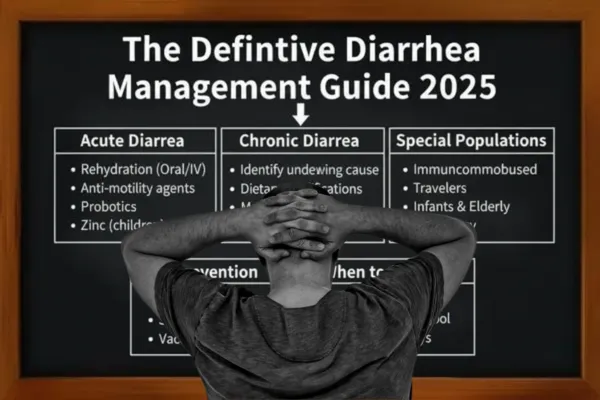 Infographic showing a man looking at a board labeled “The Definitive Diarrhea Management Guide 2025,”