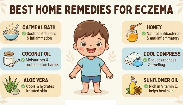 Illustration of a child with eczema surrounded by home remedy options like oatmeal baths, coconut oil, aloe vera, honey, cool compresses, and sunflower oil, each shown with simple icons.