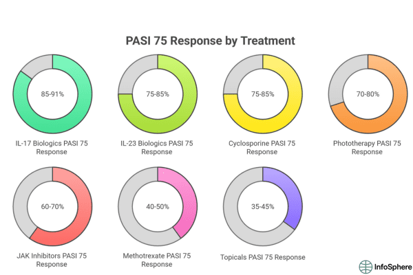 A comparison chart showing PASI 75 response rates for psoriasis treatments, including IL-17 biologics (85–91%), IL-23 biologics (75–85%), cyclosporine (75–85%), phototherapy (70–80%), JAK inhibitors (60–70%), methotrexate (40–50%), and topical treatments (35–45%).
