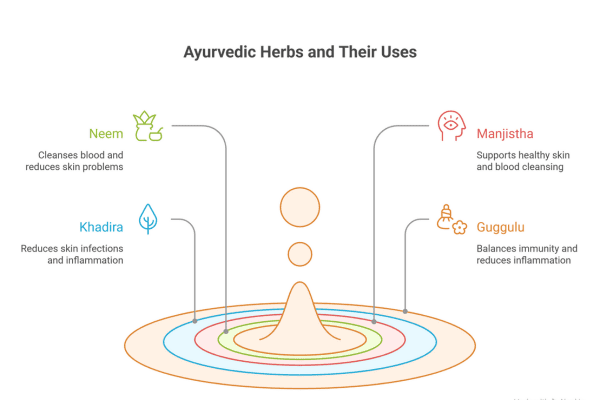 An infographic illustrating four popular Ayurvedic herbs and their health benefits. Neem is shown to cleanse blood and reduce skin problems. Khadira reduces skin infections and inflammation. Manjistha supports healthy skin and blood cleansing. Guggulu balances immunity and reduces inflammation.