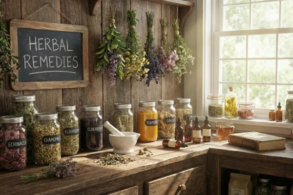 A rustic wooden shelf displaying jars of dried herbs like chamomile, echinacea and turmeric, along with tincture bottles, a mortar and pestle and hanging herbal bundles.