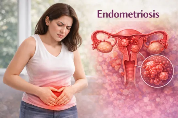 Illustration of endometriosis showing painful uterine tissue growth outside the uterus in a woman.