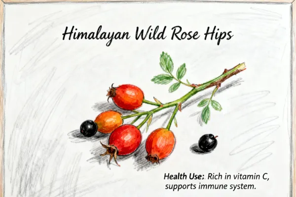 A hand-drawn illustration of Himalayan wild rose hips with leaves and text highlighting their vitamin C and immune-supporting benefits.