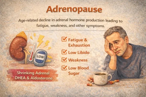 Illustration explaining adrenopause, showing age-related decline in adrenal hormones like DHEA and aldosterone, with symptoms such as fatigue, exhaustion, low libido, weakness, and low blood sugar