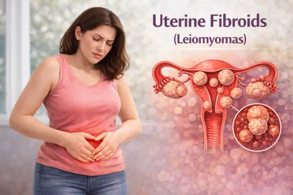 Medical illustration showing uterine fibroids inside the uterus causing lower abdominal pain.