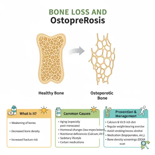 Infographic showing bone loss and osteoporosis by comparing healthy bone and osteoporotic bone, along with causes, risks, and prevention methods like calcium intake, exercise, and bone density screening