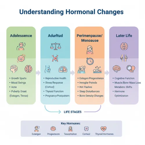 Infographic showing Understanding Hormonal Changes Across across life stages including adolescence, adulthood, perimenopause or menopause, and later life, with key hormones like estrogen, progesterone, testosterone, cortisol, and thyroid hormones
