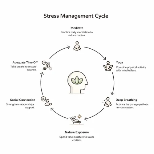 Illustration of the stress management cycle including meditation, yoga, deep breathing, nature exposure, social connection, and taking adequate time off to reduce cortisol