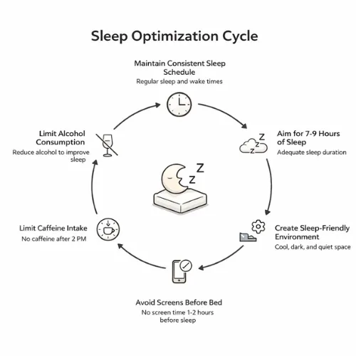Illustration explaining the sleep optimization cycle, including consistent sleep schedule, 7–9 hours of sleep, screen avoidance, limited caffeine and alcohol, and a sleep-friendly environment