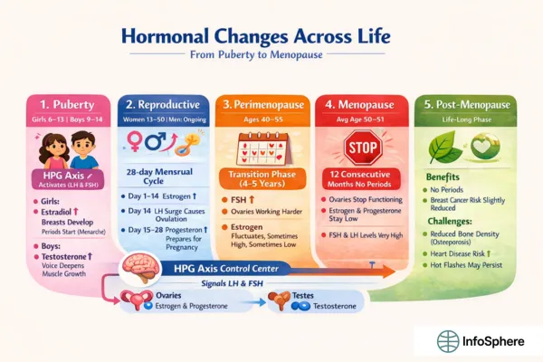 Infographic showing hormonal changes across life stages in women, from puberty and reproductive years to perimenopause, menopause, and post-menopause, including key hormonal shifts and symptoms