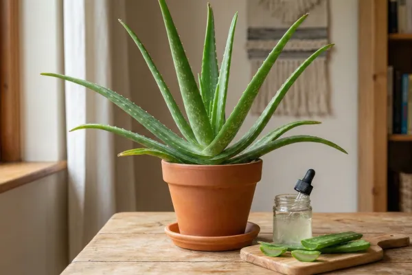 Aloe vera plant in a clay pot placed on a wooden table with sliced aloe leaves and a jar of extracted gel used for soothing skin.