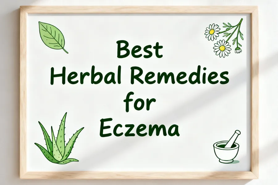 Illustration with text reading “Best Herbal Remedies for Eczema” surrounded by simple drawings of aloe vera, chamomile flowers, a leaf and a mortar and pestle.