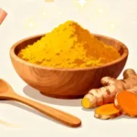 Illustration of turmeric powder in a wooden bowl with fresh turmeric root, highlighting its soothing and skin-healing benefits.