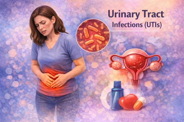 Medical illustration showing a woman experiencing UTI pain with urinary system and bacteria highlighted.