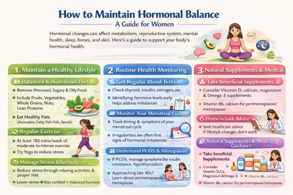 Infographic explaining how to maintain hormonal balance in women, covering healthy lifestyle habits, regular health monitoring, and natural supplements or medical guidance