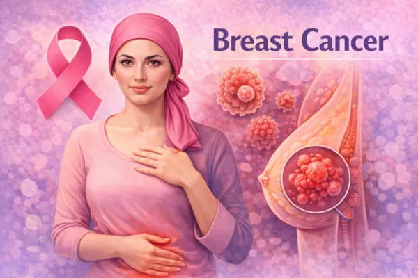 Illustration of a woman with a breast cancer awareness ribbon and diagram showing abnormal breast cells.