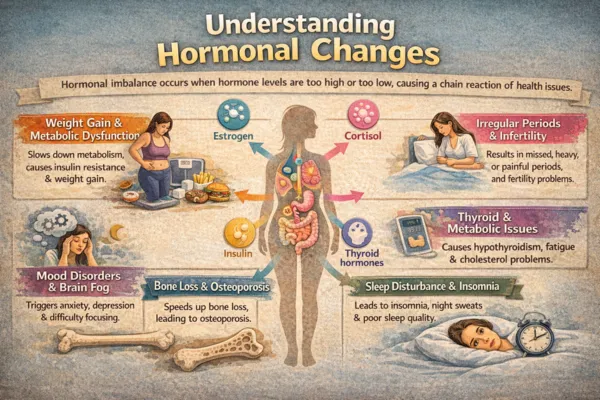 Detailed infographic explaining to Understanding Hormonal Changes Across and imbalance, showing effects like weight gain, mood disorders, bone loss, sleep problems, thyroid issues, irregular periods, and infertility