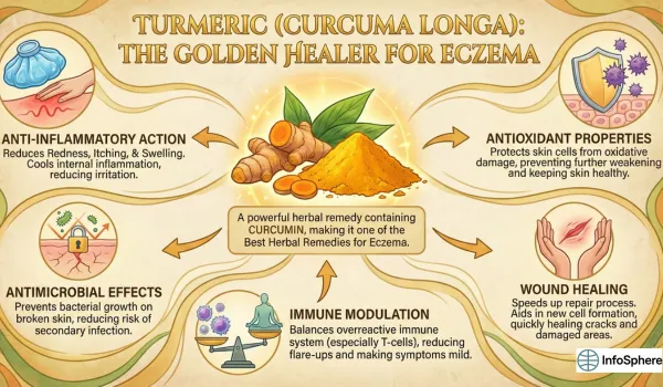 Infographic showing how turmeric helps eczema through anti-inflammatory action, antioxidant support, immune modulation, antimicrobial effects and wound healing.
