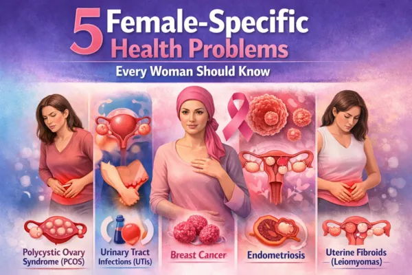 Visual overview of common female-specific health problems, including PCOS, UTIs, breast cancer, endometriosis, and uterine fibroids.