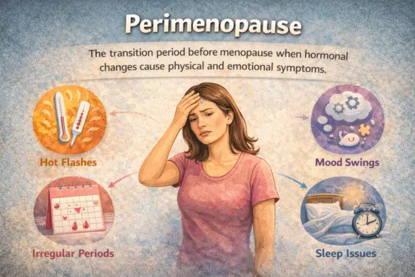 Illustration explaining perimenopause as the transition period before menopause, showing symptoms like hot flashes, irregular periods, mood swings, and sleep problems