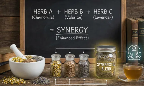 A synergy blend of chamomile, valerian and lavender herbs displayed in jars with a chalkboard explaining their combined calming effect.