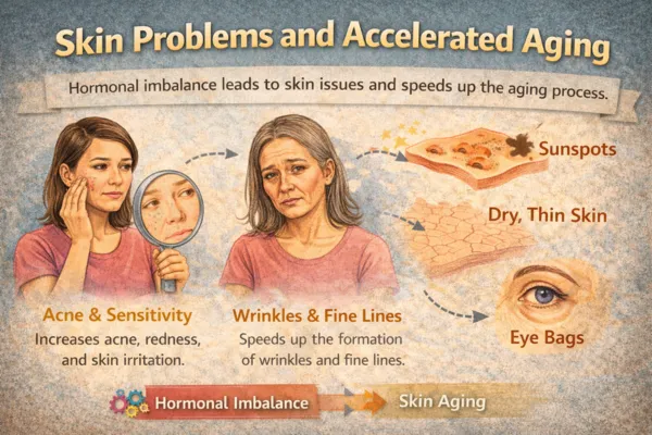 Illustration showing how hormonal imbalance leads to skin problems and accelerated aging, including acne, sensitivity, wrinkles, fine lines, sunspots, dry thin skin, and eye bags