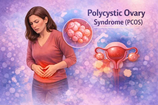 Illustration showing a woman with lower abdominal pain and ovaries affected by Polycystic Ovary Syndrome (PCOS).