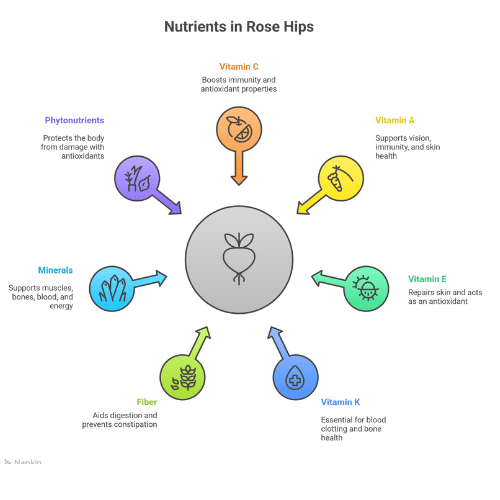 An infographic showing major nutrients in rose hips, including vitamin C, vitamin A, vitamin E, vitamin K, fiber, minerals, and phytonutrients, with icons and brief health benefits.