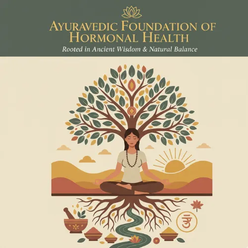 Calm meditative illustration representing the Ayurvedic foundation of hormonal health rooted in natural balance and ancient wisdom