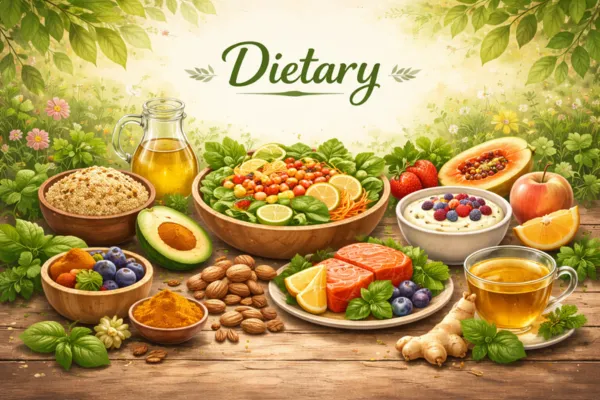 Ayurvedic-inspired healthy foods including fruits, nuts, grains, oils, and herbal tea supporting balanced nutrition