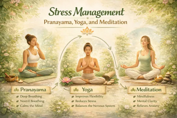 Illustration showing pranayama, yoga, and meditation practices for stress relief, mental calm, and emotional balance