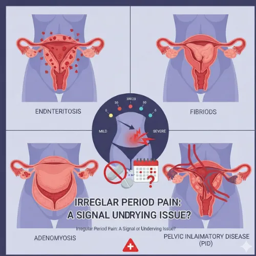 Medical illustration showing endometriosis fibroids and causes of severe period pain