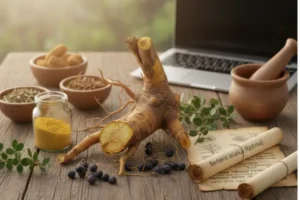 Berberis asiatica (Kashmal) root berries and herbal preparation setup