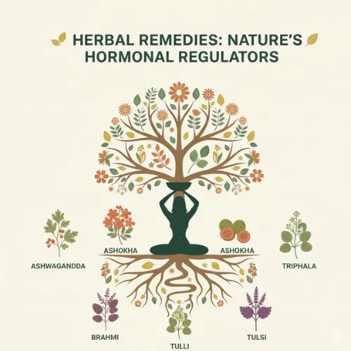Meditative figure under a symbolic tree with Ayurvedic herbs representing natural hormone regulation and balance