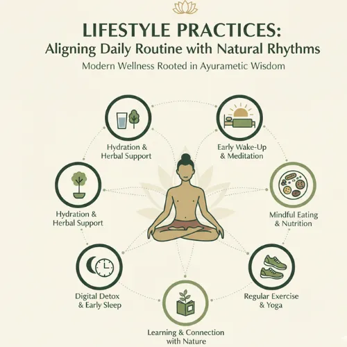 Infographic showing lifestyle habits like hydration, meditation, mindful eating, exercise, digital detox, and nature connection