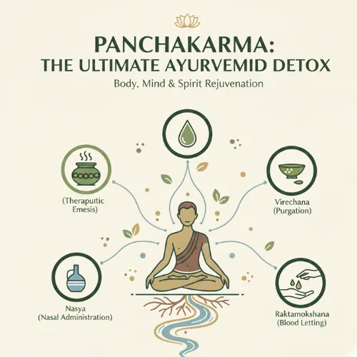Infographic showing panchakarma detox methods including vamana, virechana, nasya, rakta mokshana, and basti