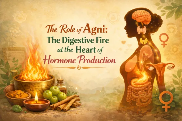 Ayurvedic illustration explaining agni, the digestive fire, and its role in metabolism and hormone production
