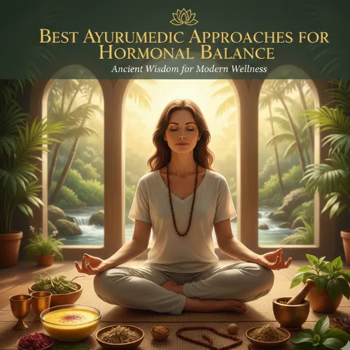image written with Best Ayurvedic Approaches for Hormonal Balance and a Woman practicing meditation in a serene Ayurvedic setting representing natural approaches to hormonal balance