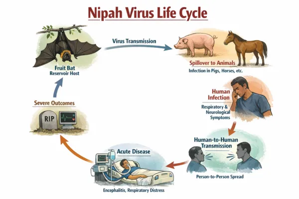 Visual roadmap explaining Nipah virus progression from incubation period and early symptoms to severe respiratory illness and fatal encephalitis.