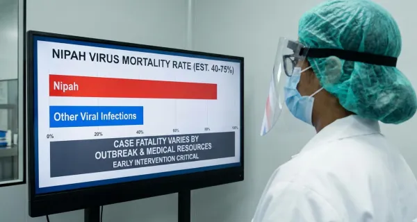 Conceptual illustration showing survival chances and mortality risks of Nipah virus with hospital patient, virus particles, and death symbolism.